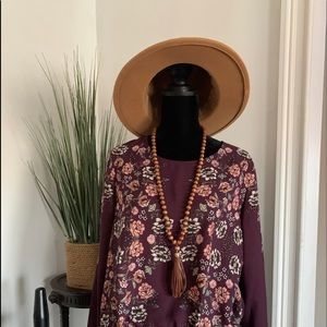 Boho Floral Burgundy Top- Cold Shoulder Cut-Outs-L